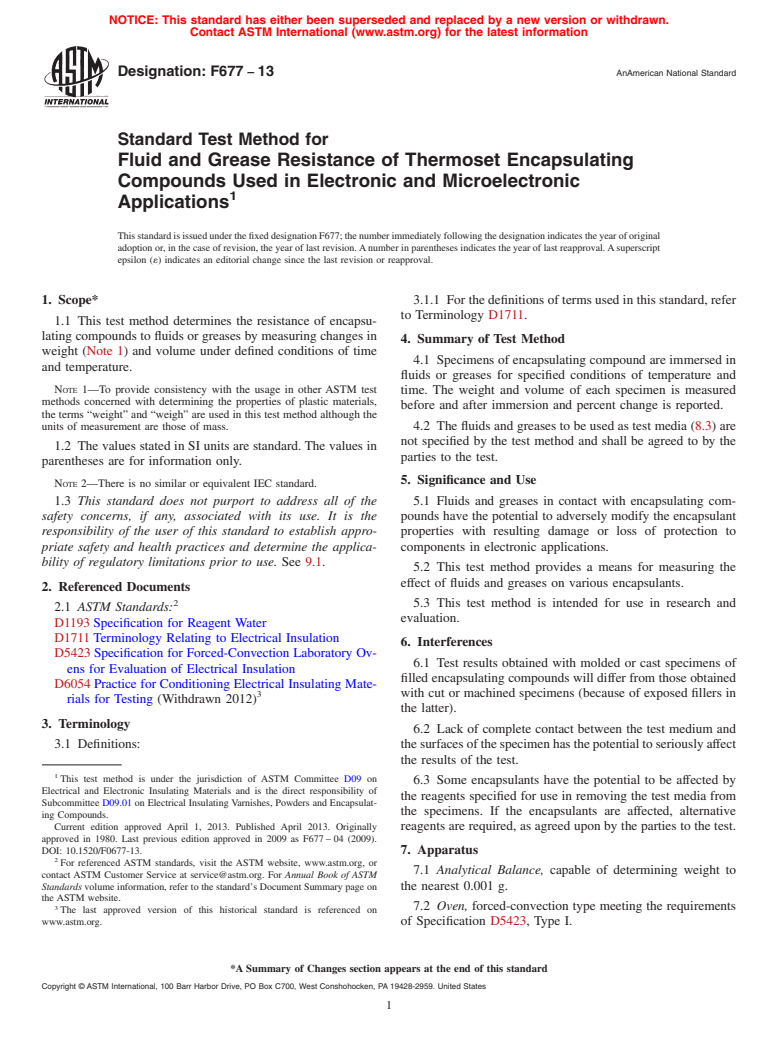 ASTM F677-13 - Standard Test Method for  Fluid and Grease Resistance of Thermoset Encapsulating Compounds   Used in Electronic and Microelectronic Applications (Withdrawn 2013)