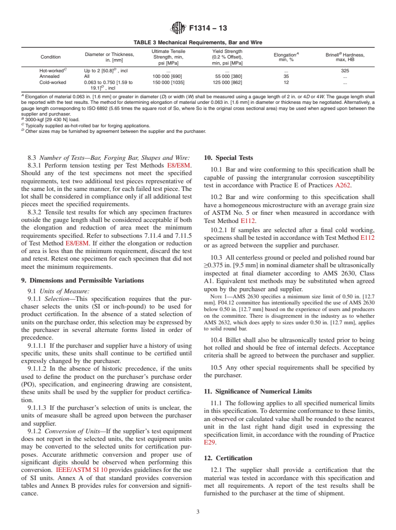 ASTM F1314-13 - Standard Specification for  Wrought Nitrogen Strengthened 22 Chromium&ndash;13 Nickel&ndash;5  Manganese&ndash;2.5 Molybdenum Stainless Steel Alloy Bar and Wire  for  Surgical Implants (UNS S20910)