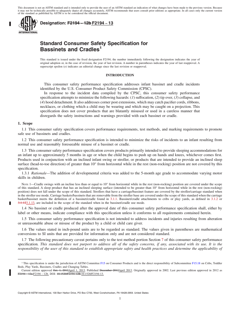 REDLINE ASTM F2194-13 - Standard Consumer Safety Specification for  Bassinets and Cradles