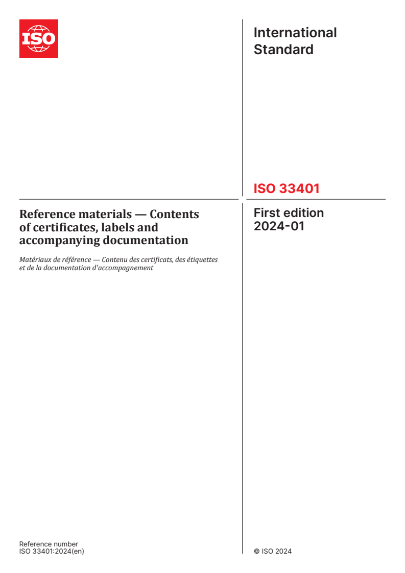 ISO 33401:2024 ISO 33401:2024 - Reference materials — Contents of certificates, labels and accompanying documentation
Released:17. 01. 2024