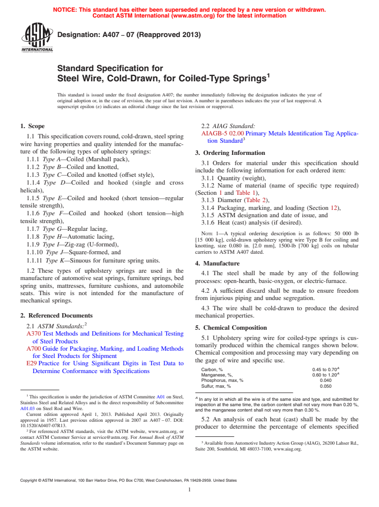 ASTM A407-07(2013) - Standard Specification for  Steel Wire, Cold-Drawn, for Coiled-Type Springs