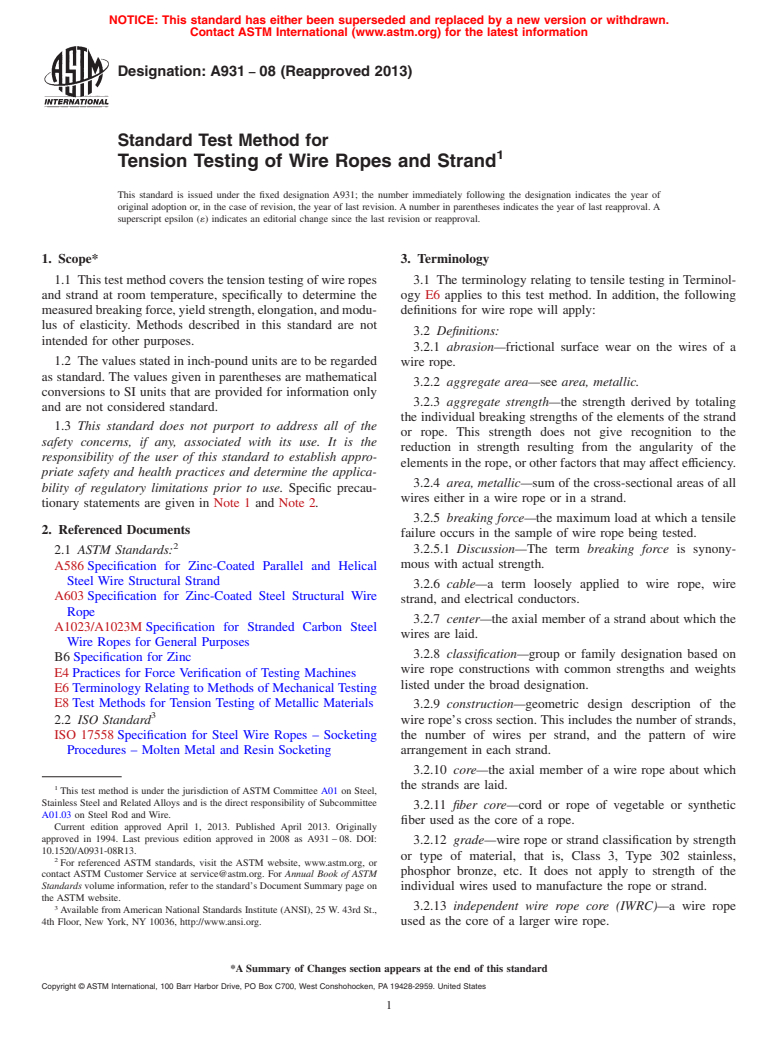 ASTM A931-08(2013) - Standard Test Method for  Tension Testing of Wire Ropes and Strand