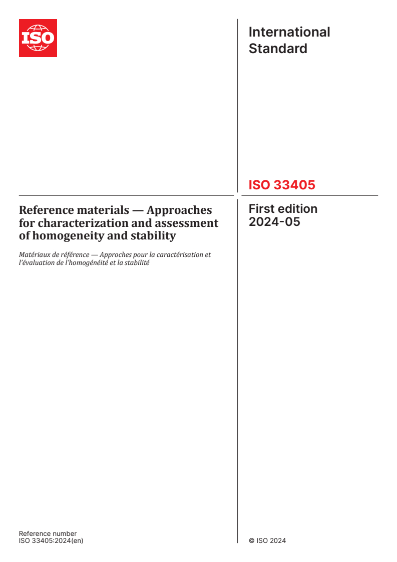 ISO 33405:2024 - Reference materials — Approaches for characterization and assessment of homogeneity and stability
Released:3. 05. 2024
