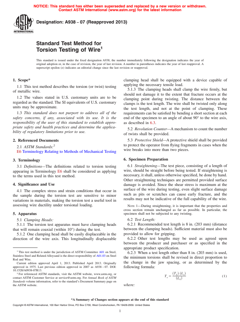 ASTM A938-07(2013) - Standard Test Method for  Torsion Testing of Wire