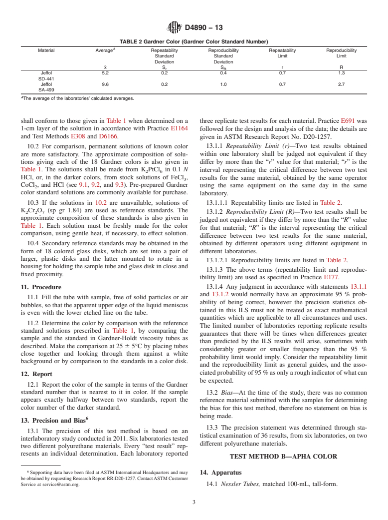 ASTM D4890-13 - Standard Test Methods for Polyurethane Raw Materials: Determination of Gardner and APHA  Color of Polyols