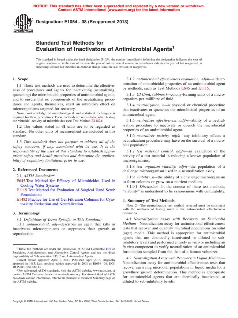 ASTM E1054-08(2013) - Standard Test Methods for  Evaluation of Inactivators of Antimicrobial Agents