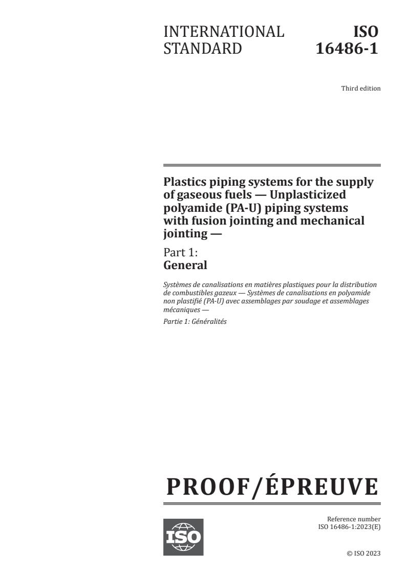 ISO/PRF 16486-1 - Plastics piping systems for the supply of gaseous fuels — Unplasticized polyamide (PA-U) piping systems with fusion jointing and mechanical jointing — Part 1: General
Released:8. 09. 2023
