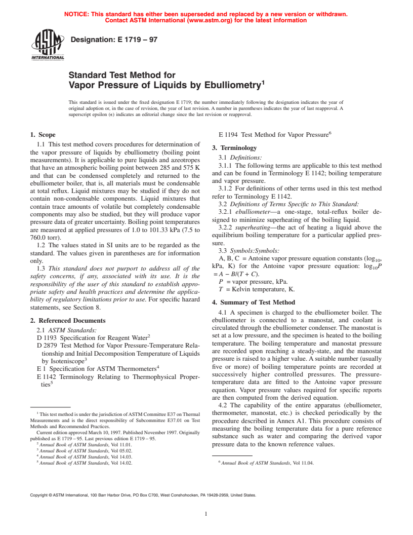 ASTM E1719-97 - Standard Test Method for Vapor Pressure of Liquids by Ebulliometry