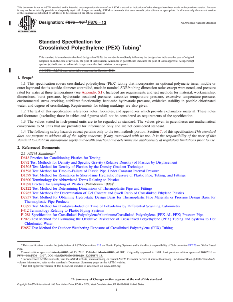 REDLINE ASTM F876-13 - Standard Specification for  Crosslinked Polyethylene (PEX) Tubing