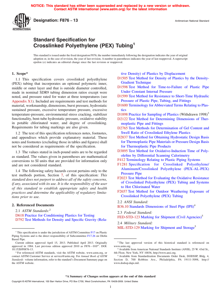 ASTM F876-13 - Standard Specification for  Crosslinked Polyethylene (PEX) Tubing