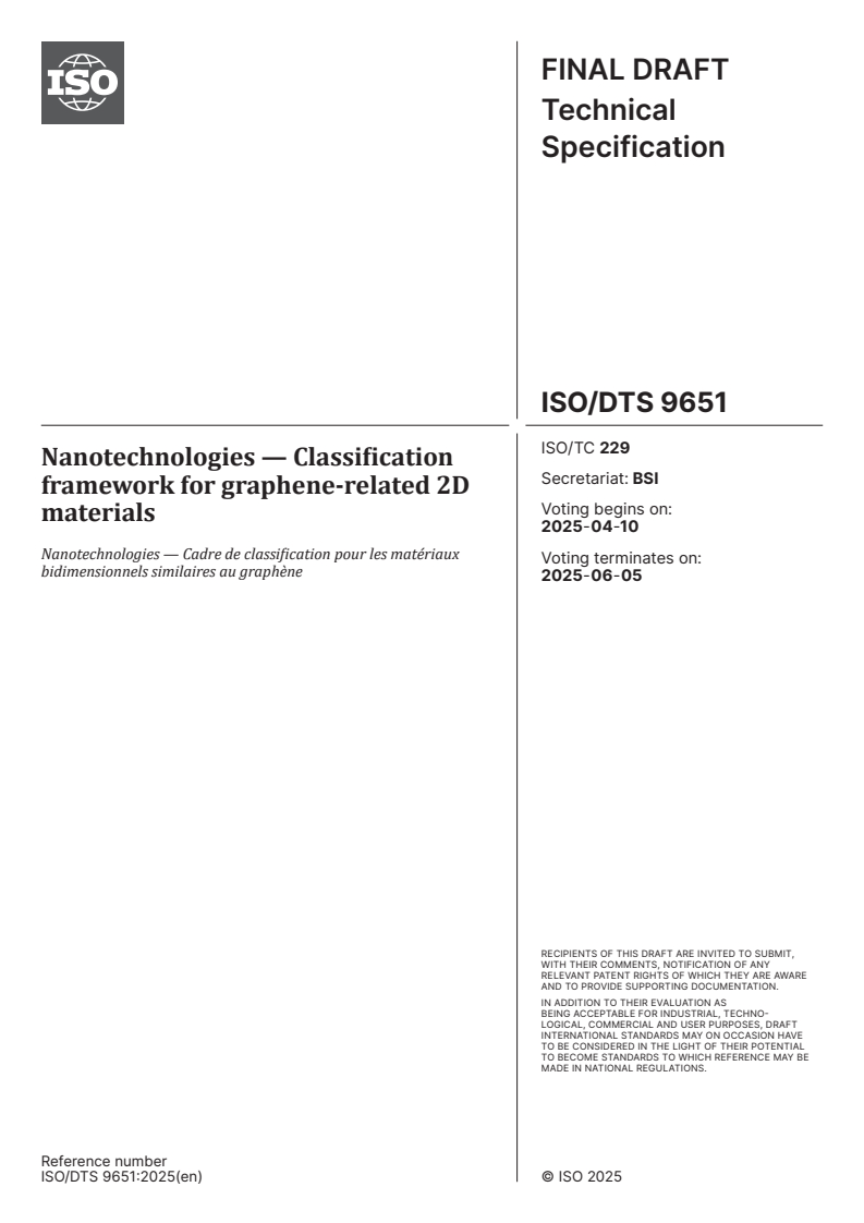 ISO/DTS 9651 - Nanotechnologies — Classification framework for graphene‐related 2D materials
Released:27. 03. 2025