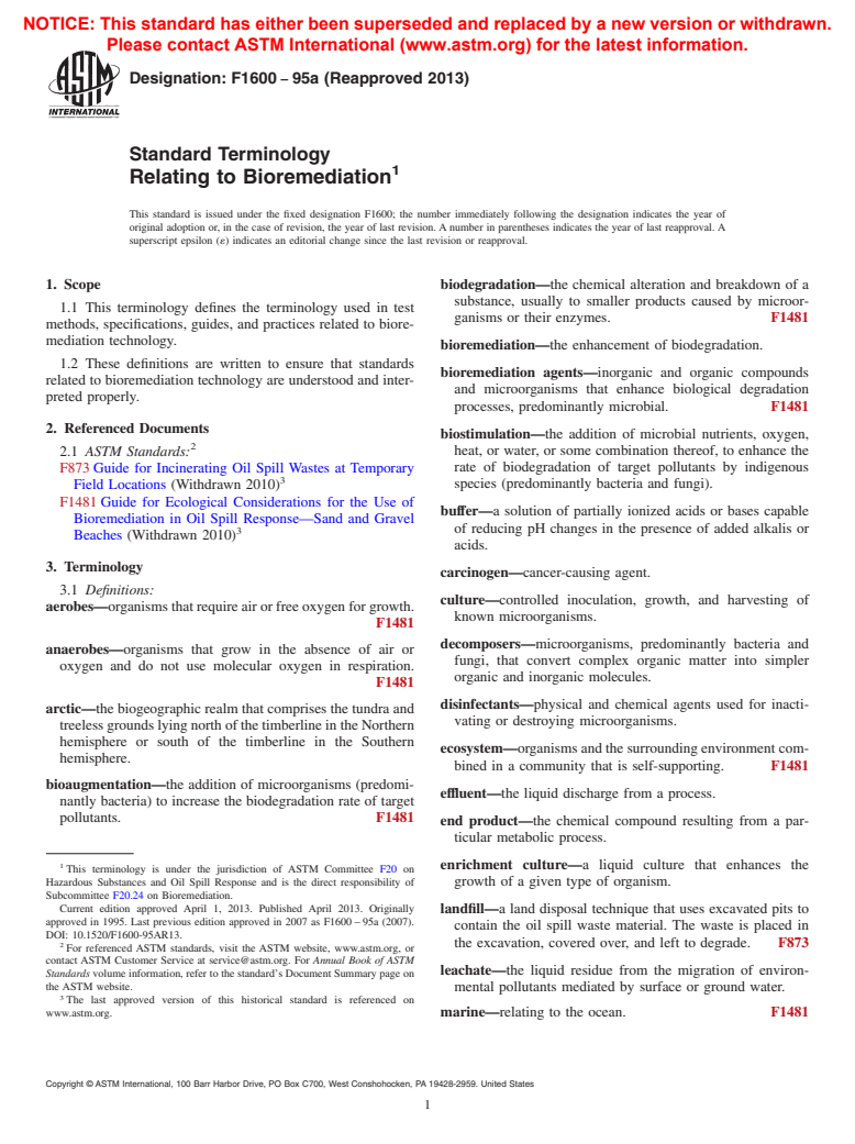 ASTM F1600-95a(2013) - Standard Terminology Relating to Bioremediation (Withdrawn 2014)