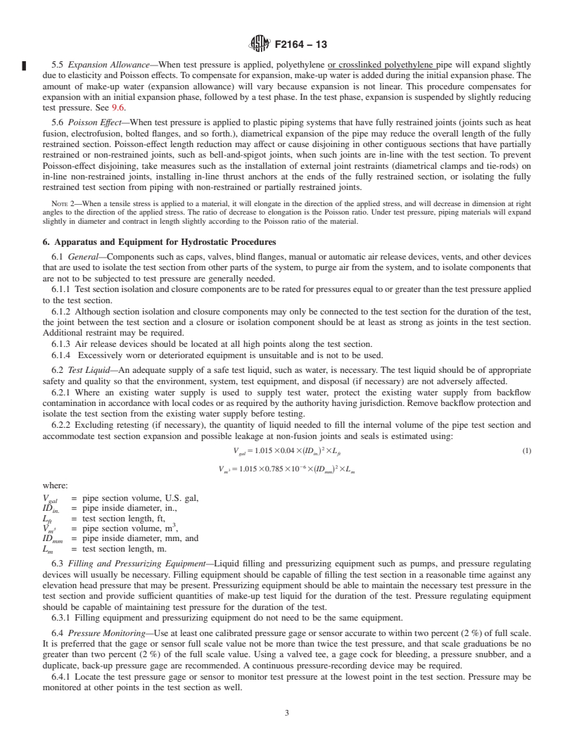 REDLINE ASTM F2164-13 - Standard Practice for  Field Leak Testing of Polyethylene (PE) and Crosslinked Polyethylene  (PEX) Pressure Piping Systems  Using Hydrostatic Pressure