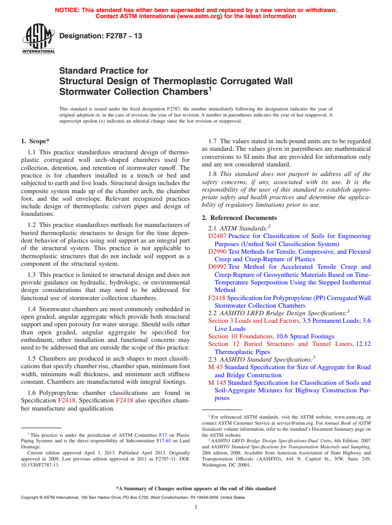 ASTM F2787-13 - Standard Practice for  Structural Design of Thermoplastic Corrugated Wall Stormwater   Collection Chambers