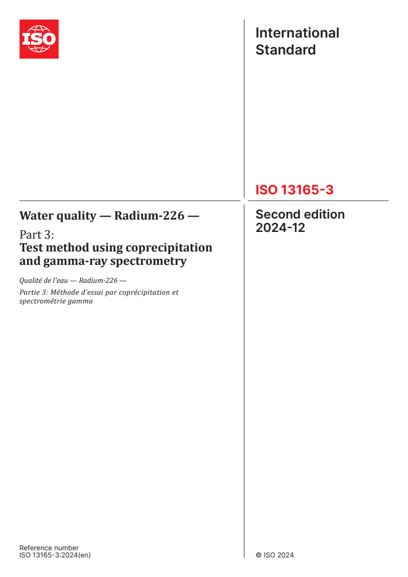 ISO 13165-3:2024 - Water quality — Radium-226 — Part 3: Test method using coprecipitation and gamma-ray spectrometry
Released:12/4/2024