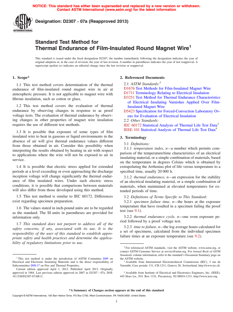 ASTM D2307-07a(2013) - Standard Test Method for  Thermal Endurance of Film-Insulated Round Magnet Wire