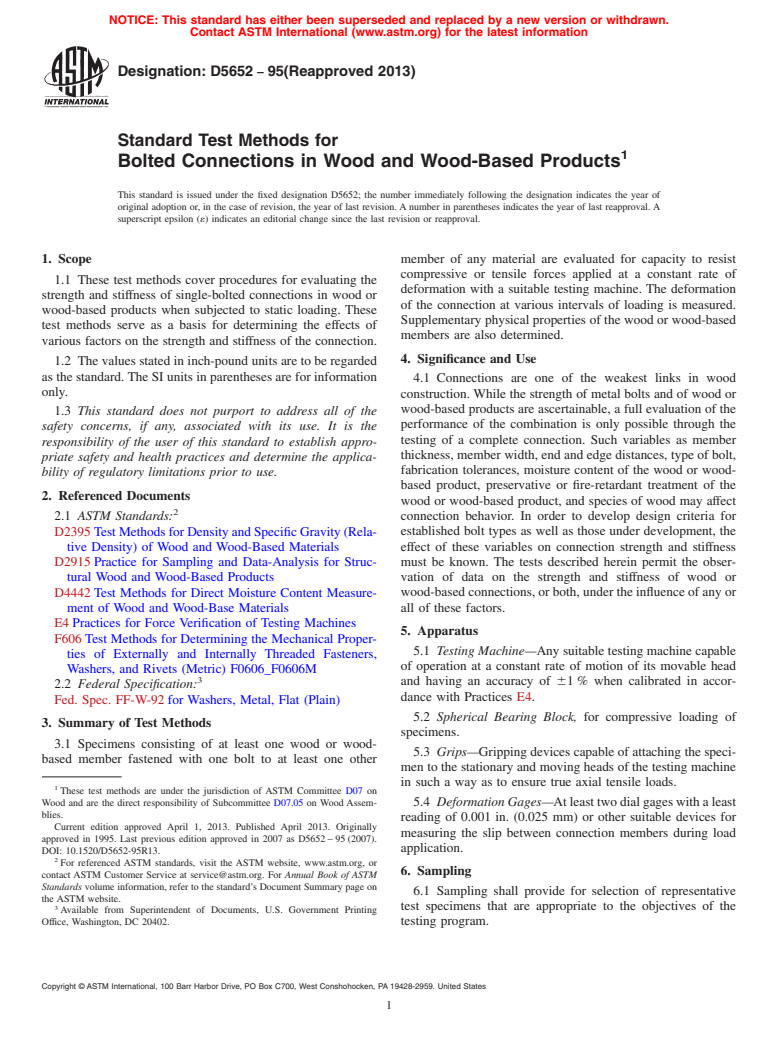 ASTM D5652-95(2013) - Standard Test Methods for  Bolted Connections in Wood and Wood-Based Products