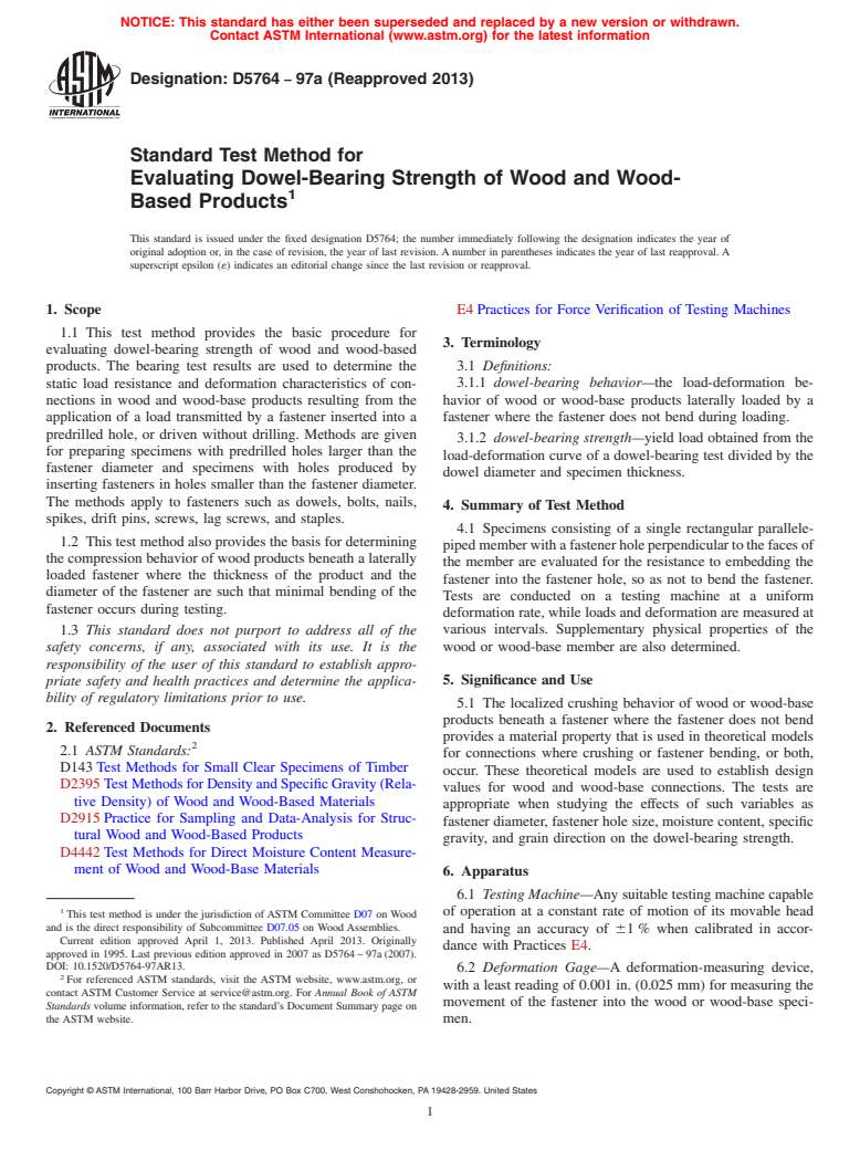 ASTM D5764-97a(2013) - Standard Test Method for  Evaluating Dowel-Bearing Strength of Wood and Wood-Based Products