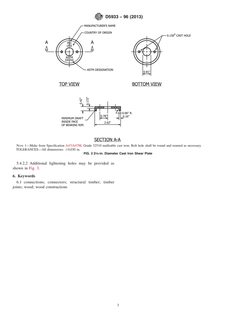 ASTM D5933-96(2013) - Standard Specification for  2 5/8-in. and 4-in. Diameter Metal Shear Plates for Use in Wood Constructions