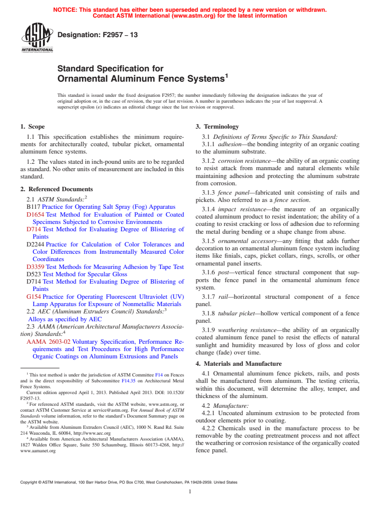 ASTM F2957-13 - Standard Specification for Ornamental Aluminum Fence Systems