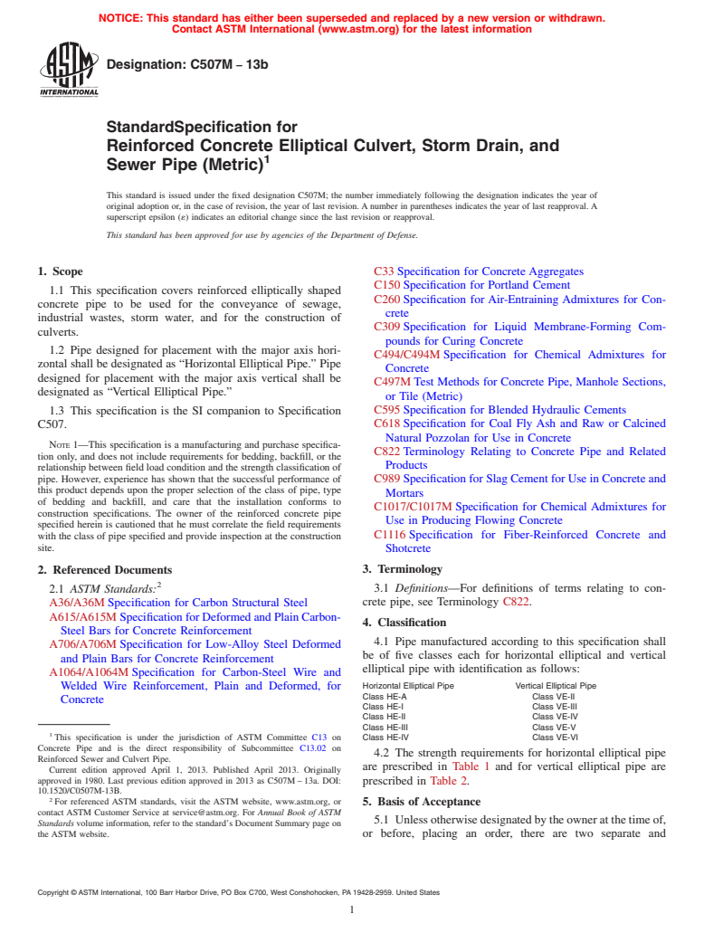 ASTM C507M-13b - Standard Specification for  Reinforced Concrete Elliptical Culvert, Storm Drain, and Sewer  Pipe (Metric)