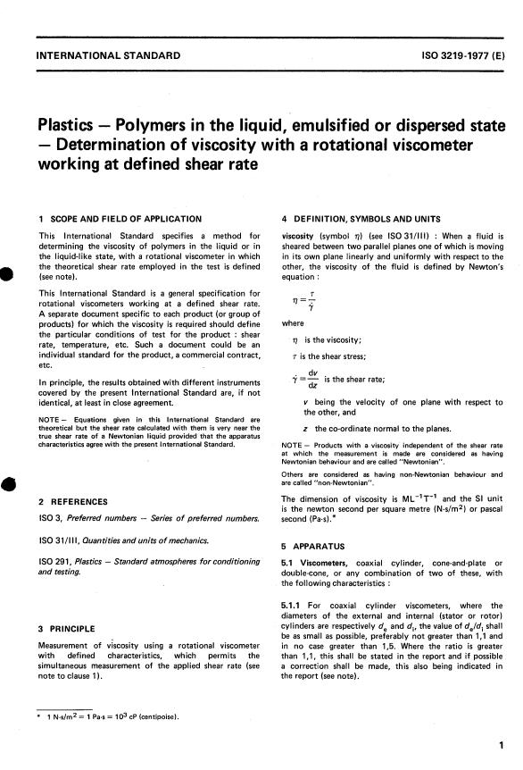 ISO 3219:1977 - Plastics -- Polymers in the liquid, emulsified or dispersed state -- Determination of viscosity with a rotational viscometer working at defined shear rate