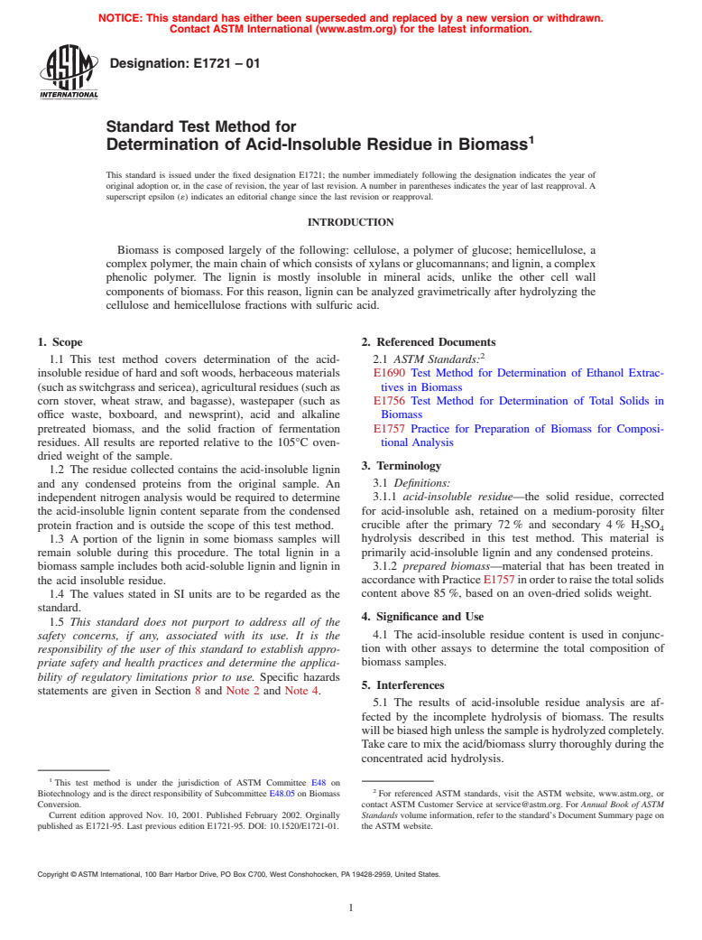 ASTM E1721-01 - Standard Test Method for Determination of Acid-Insoluble Residue in Biomass