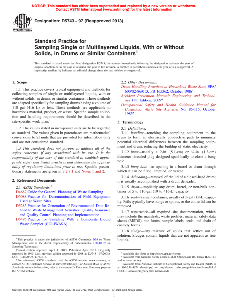 ASTM D5743-97(2013) - Standard Practice for  Sampling Single or Multilayered Liquids, With or Without Solids,  in Drums or Similar Containers