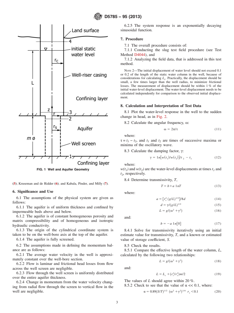 ASTM D5785-95(2013) - Standard Test Method for  (Analytical Procedure) for Determining Transmissivity of Confined  Nonleaky Aquifers by Underdamped Well Response to Instantaneous Change  in Head (Slug  Test)