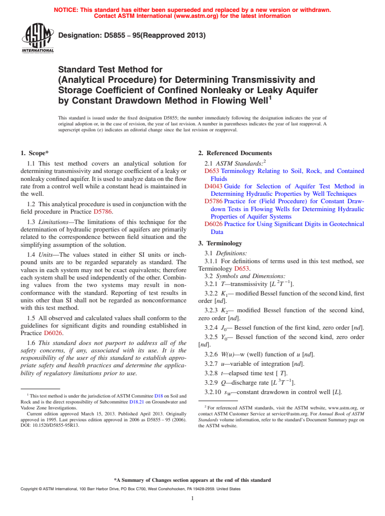 ASTM D5855-95(2013) - Standard Test Method for  (Analytical Procedure) for Determining Transmissivity and Storage  Coefficient of Confined Nonleaky or Leaky Aquifer by Constant Drawdown  Method in Flowing Well