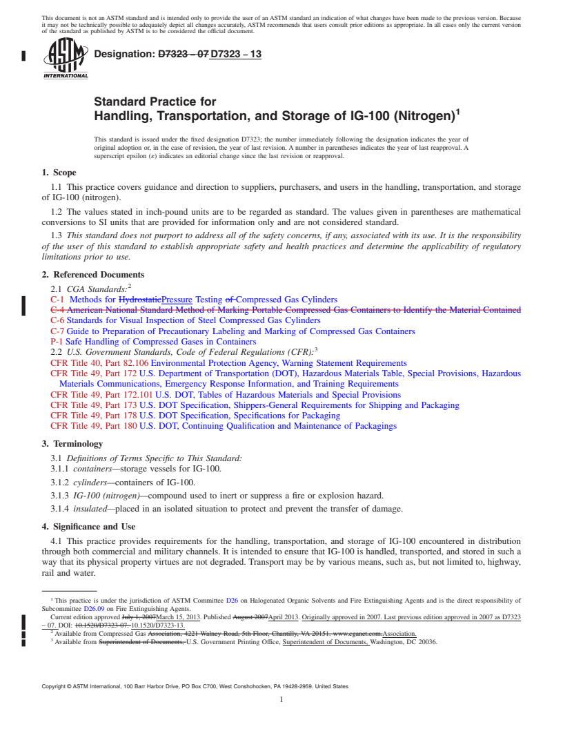 REDLINE ASTM D7323-13 - Standard Practice for  Handling, Transportation, and Storage of IG-100 (Nitrogen)