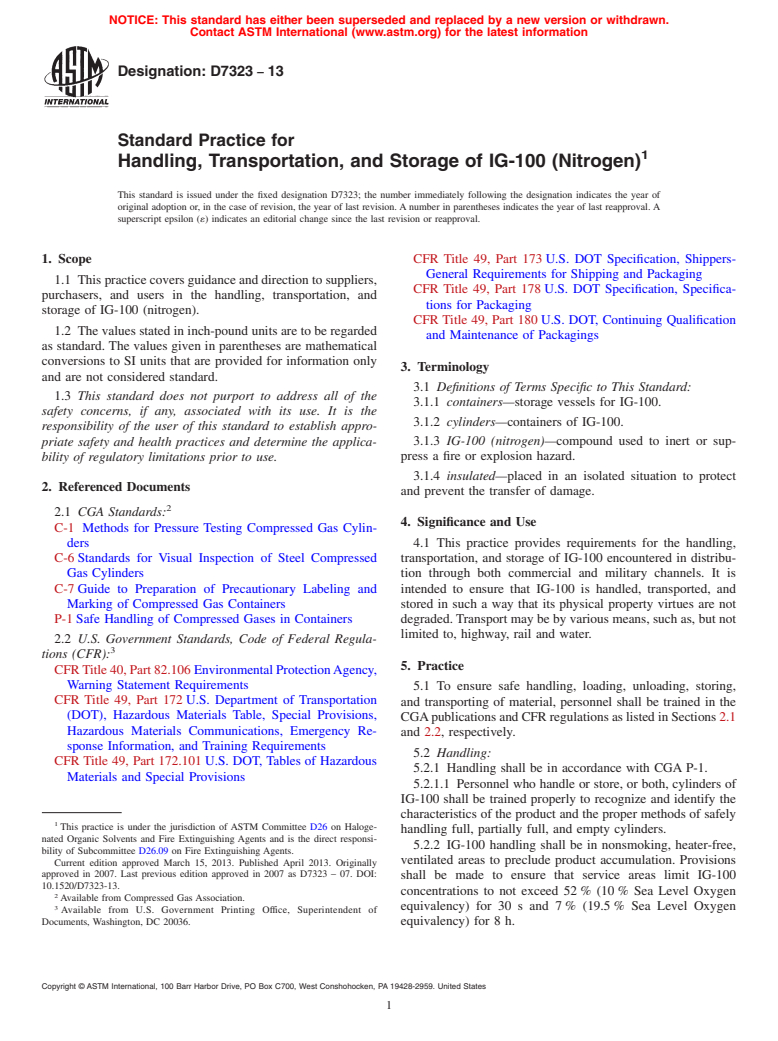 ASTM D7323-13 - Standard Practice for  Handling, Transportation, and Storage of IG-100 (Nitrogen)