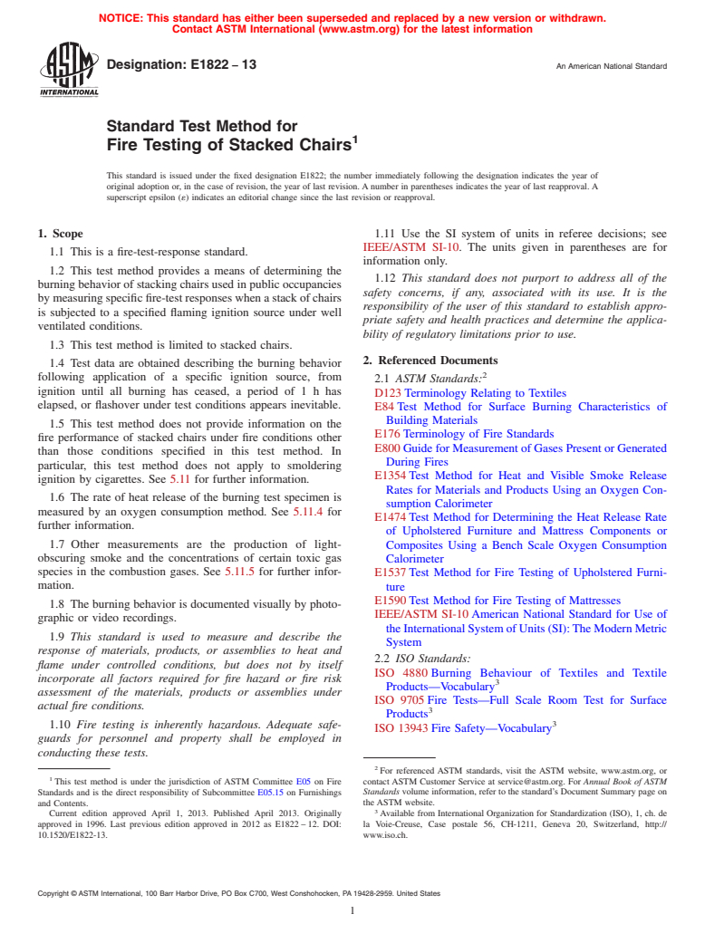 ASTM E1822-13 - Standard Test Method for  Fire Testing of Stacked Chairs