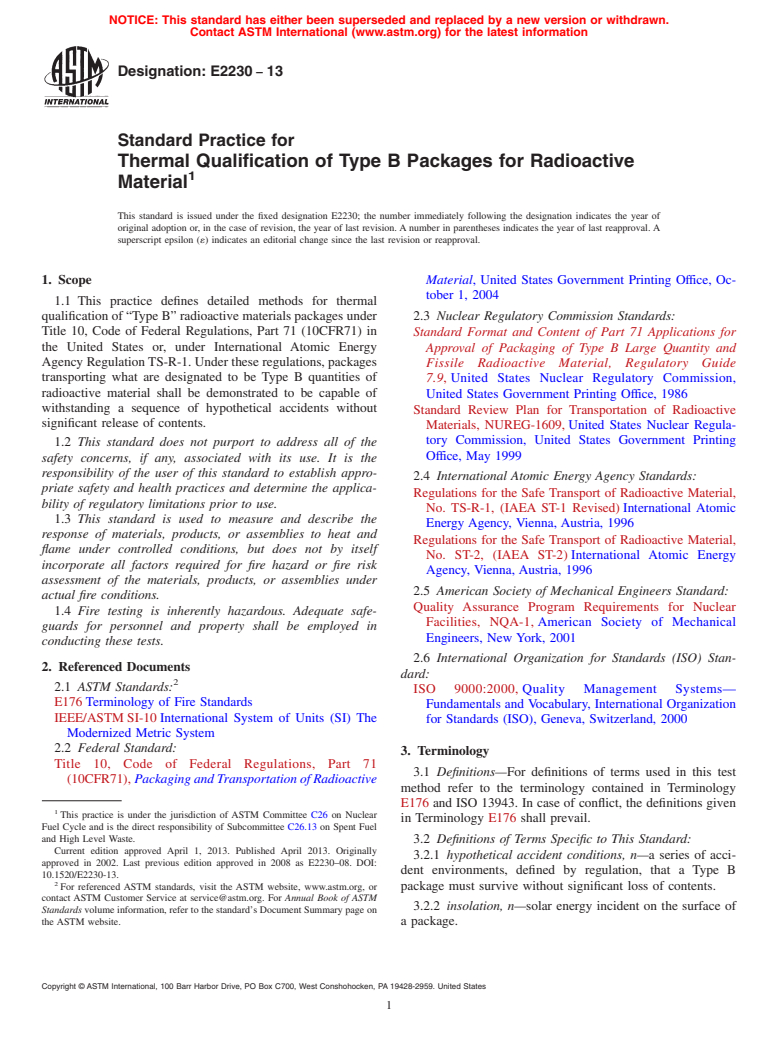 ASTM E2230-13 - Standard Practice for  Thermal Qualification of Type B Packages for Radioactive Material