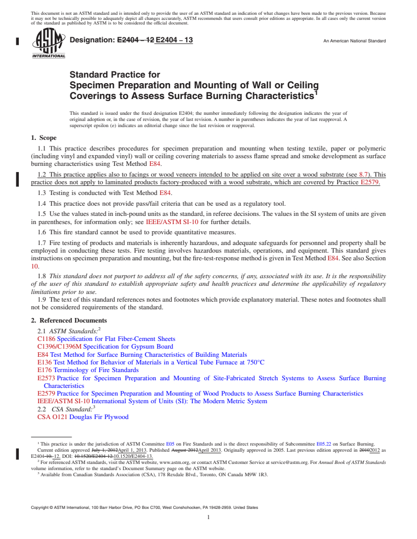 REDLINE ASTM E2404-13 - Standard Practice for  Specimen Preparation and Mounting of Wall or Ceiling Coverings  to Assess Surface Burning Characteristics