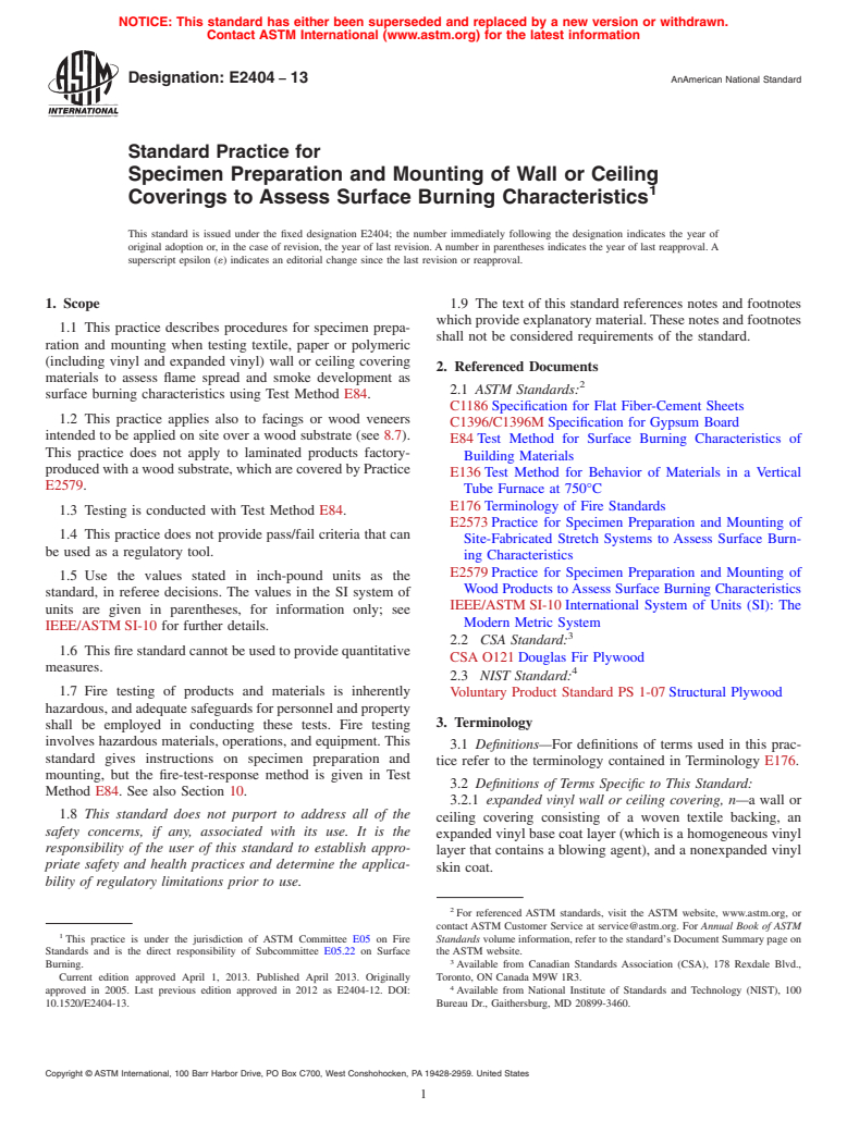 ASTM E2404-13 - Standard Practice for  Specimen Preparation and Mounting of Wall or Ceiling Coverings  to Assess Surface Burning Characteristics