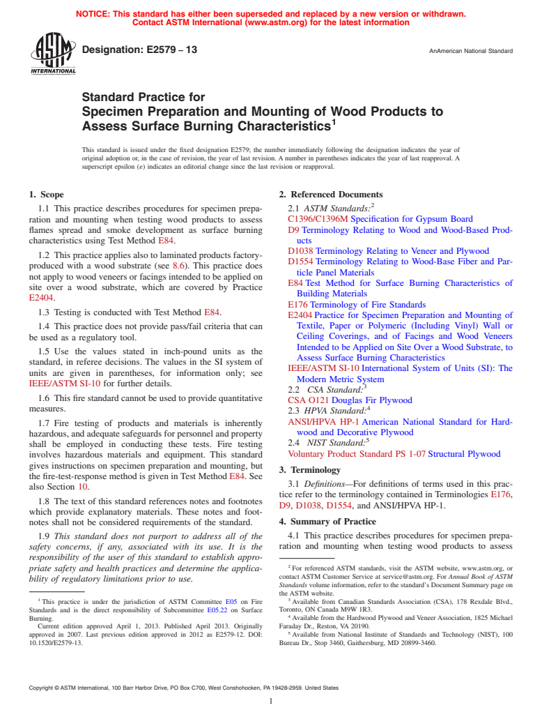 ASTM E2579-13 - Standard Practice for  Specimen Preparation and Mounting of Wood Products to Assess  Surface Burning Characteristics