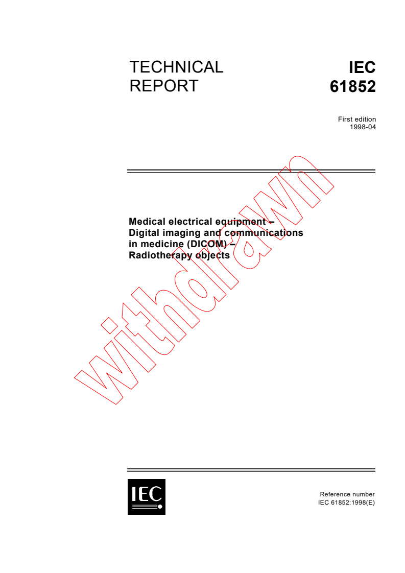 IEC TR 61852:1998 - Medical electrical equipment - Digital imaging and communications in medicine (DICOM) - Radiotherapy objects
Released:4/15/1998
Isbn:2831843669