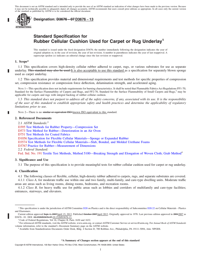 REDLINE ASTM D3676-13 - Standard Specification for  Rubber Cellular Cushion Used for Carpet or Rug Underlay