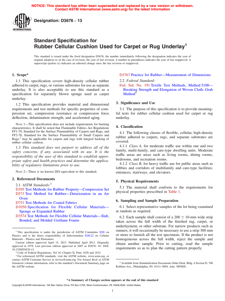 ASTM D3676-13 - Standard Specification for  Rubber Cellular Cushion Used for Carpet or Rug Underlay