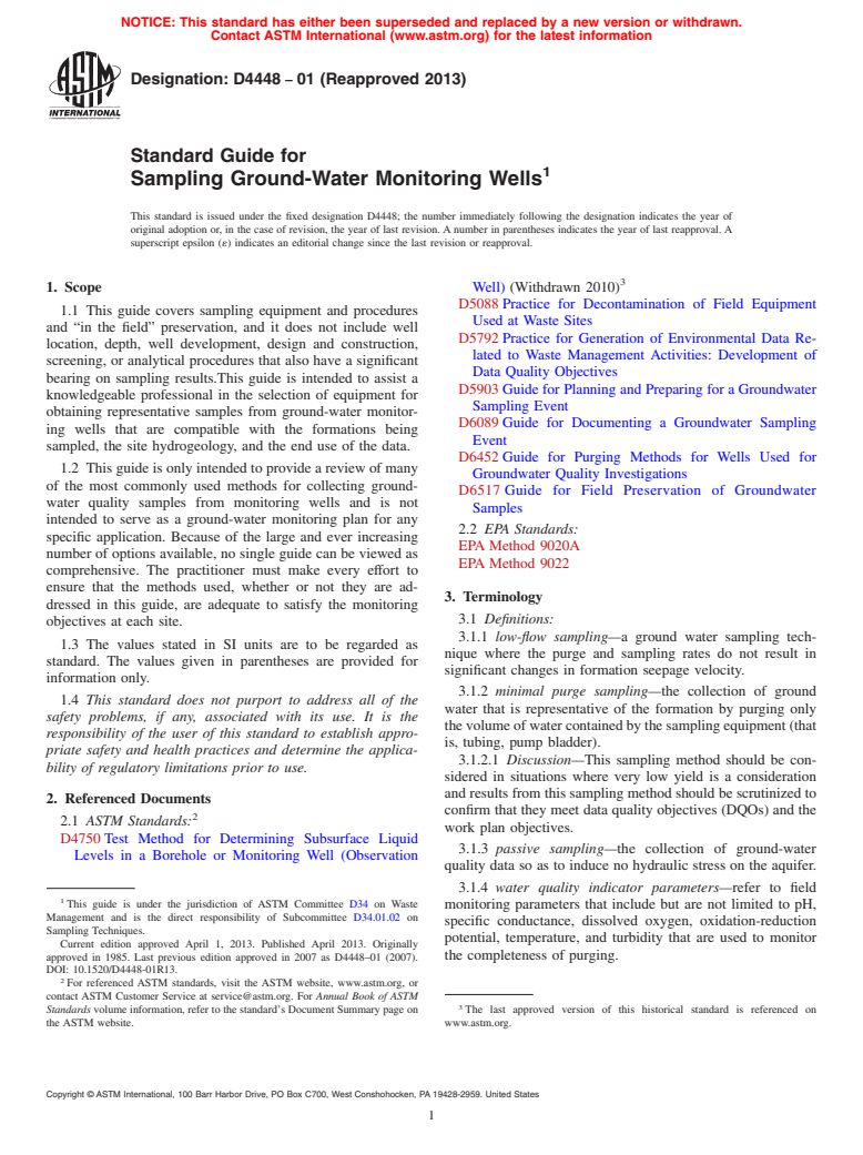 ASTM D4448-01(2013) - Standard Guide for  Sampling Ground-Water Monitoring Wells