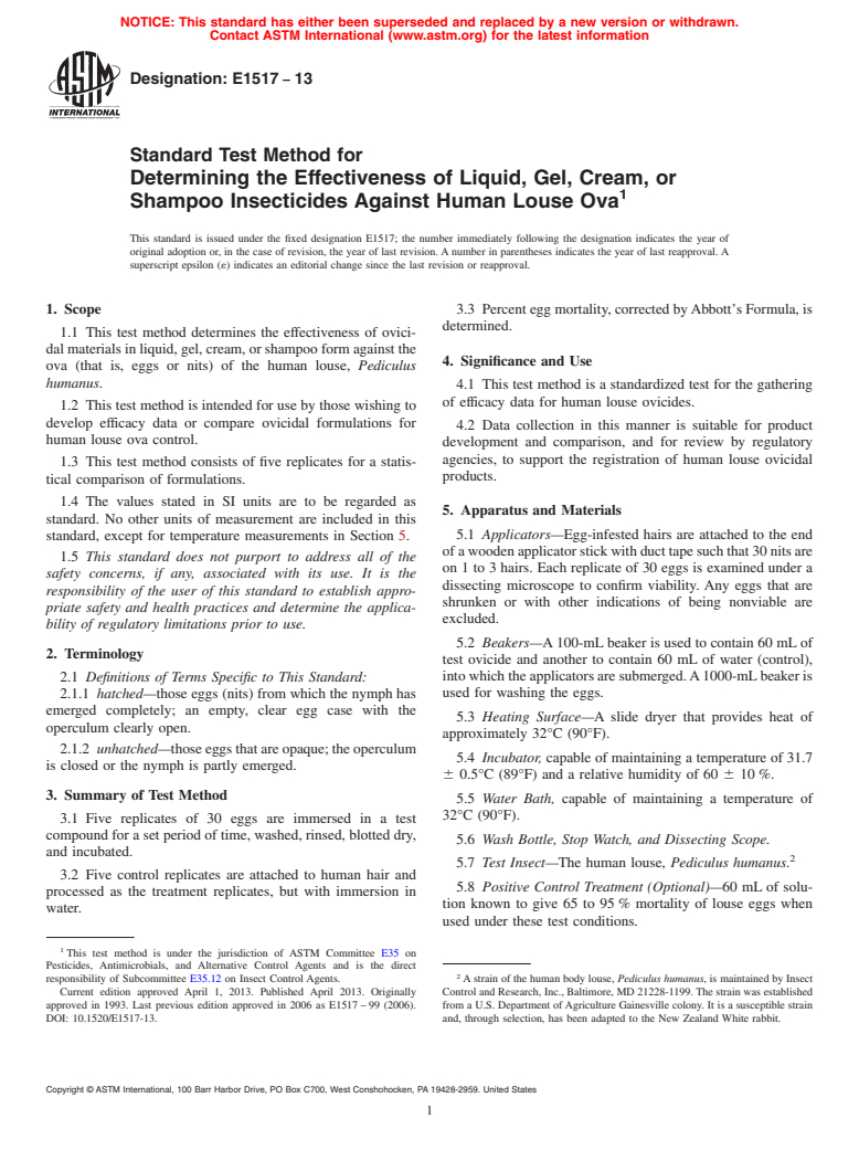 ASTM E1517-13 - Standard Test Method for  Determining the Effectiveness of Liquid, Gel, Cream, or Shampoo  Insecticides Against Human Louse Ova (Withdrawn 2017)