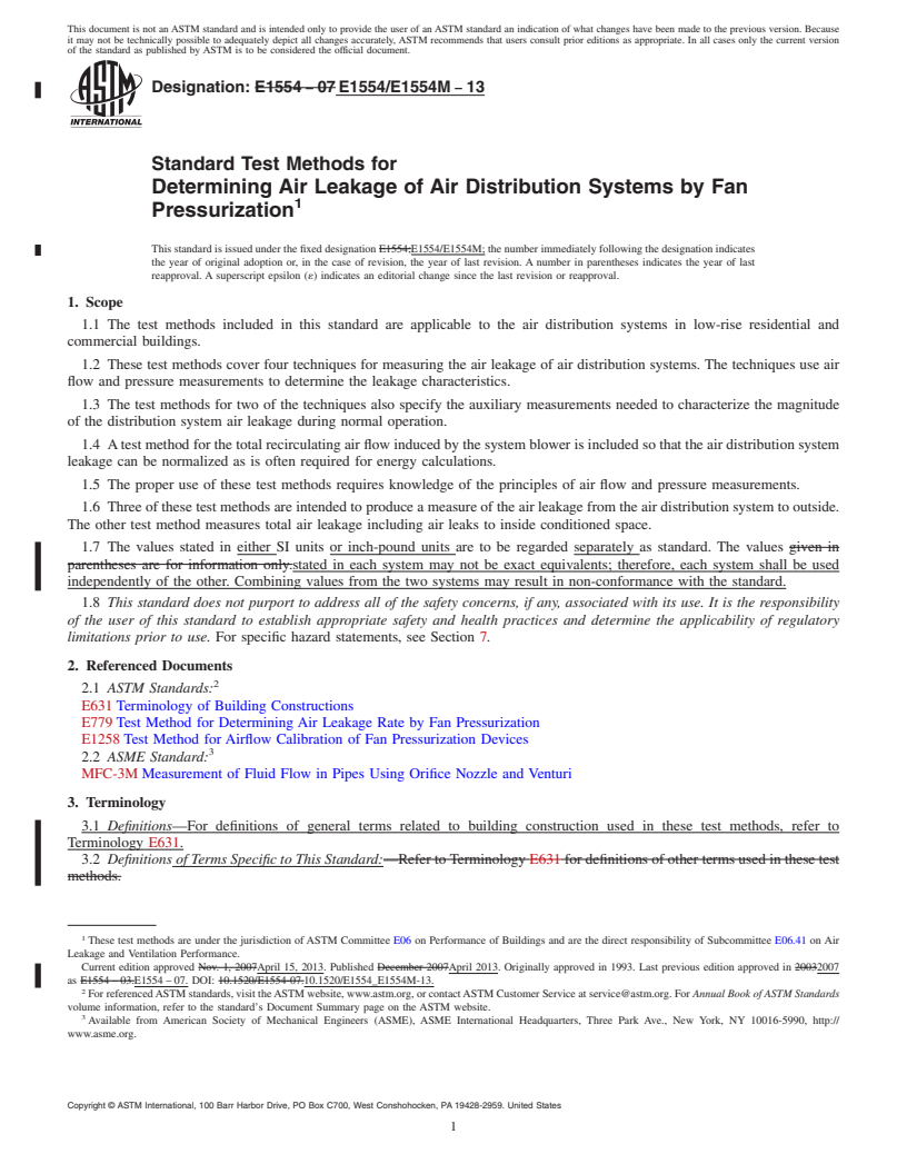 REDLINE ASTM E1554/E1554M-13 - Standard Test Methods for Determining Air Leakage of Air Distribution Systems by Fan Pressurization