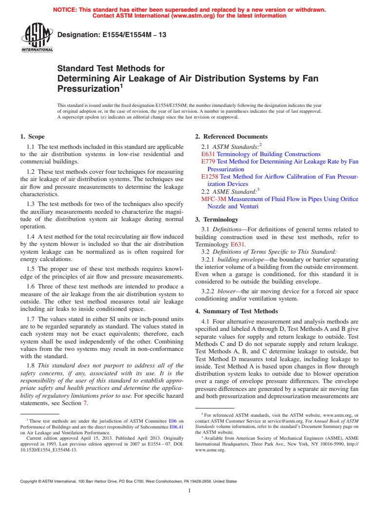 ASTM E1554/E1554M-13 - Standard Test Methods for Determining Air Leakage of Air Distribution Systems by Fan Pressurization