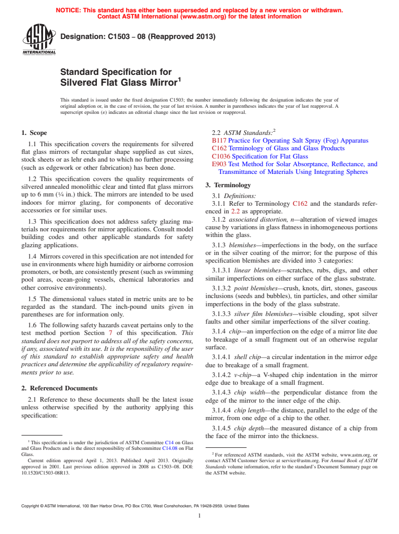 ASTM C1503-08(2013) - Standard Specification for  Silvered Flat Glass Mirror