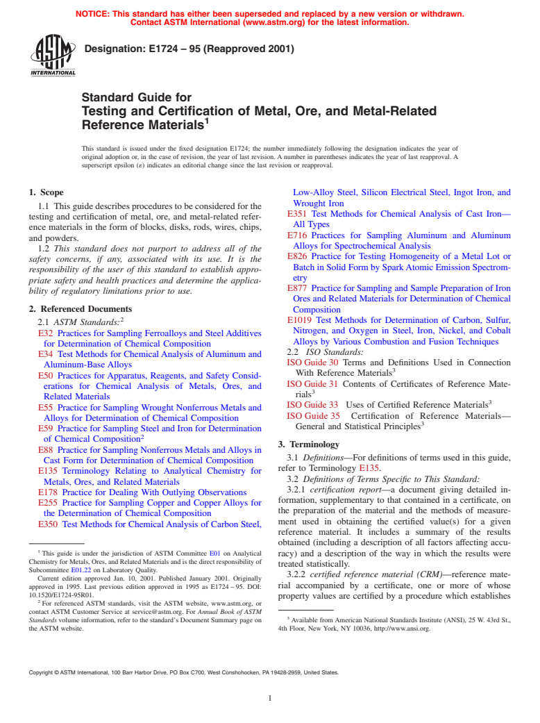 ASTM E1724-95(2001) - Standard Guide for Testing and Certification of Metal and Metal-Related Reference Materials (Withdrawn 2010)