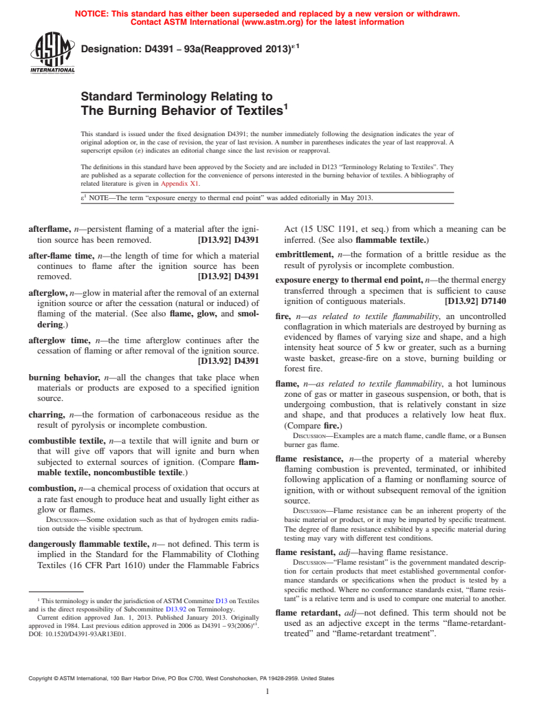 ASTM D4391-93A(2013)e1 - Standard Terminology Relating to  The Burning Behavior of Textiles