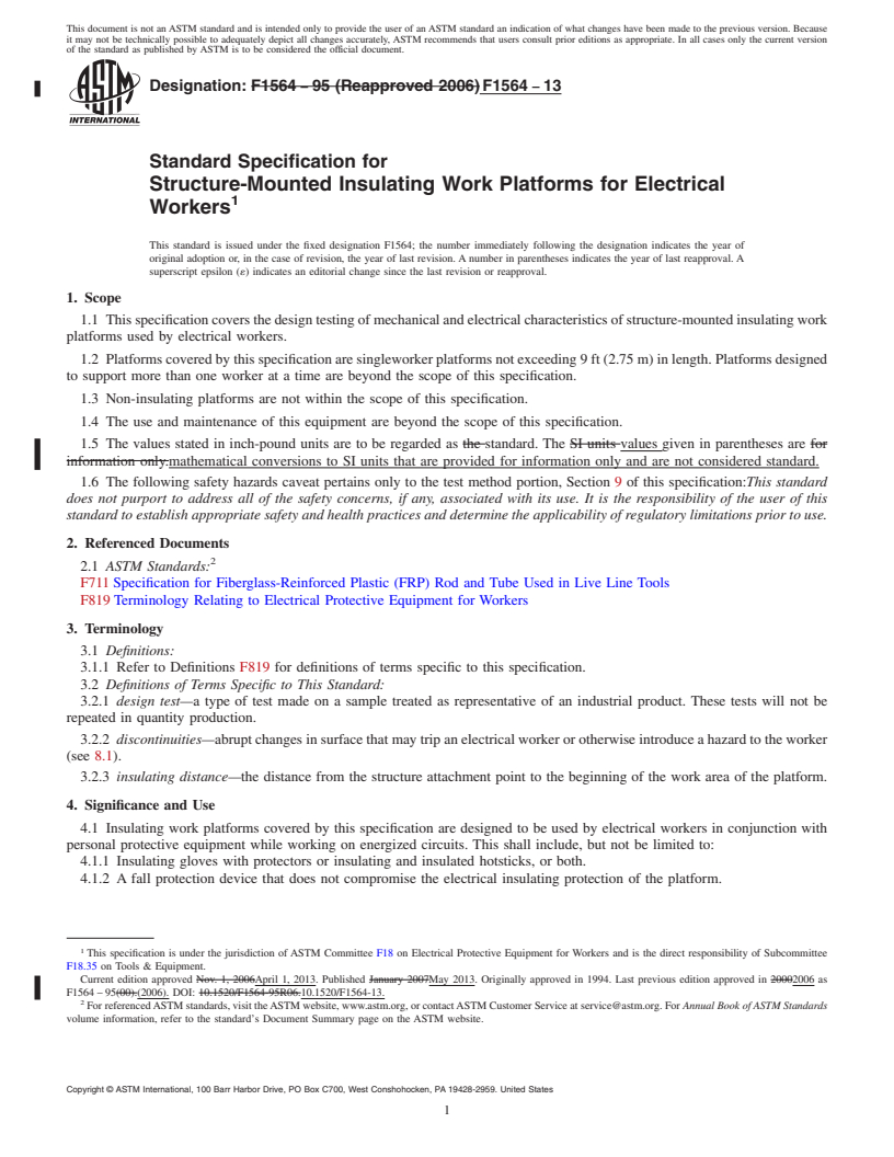 REDLINE ASTM F1564-13 - Standard Specification for  Structure-Mounted Insulating Work Platforms for Electrical  Workers
