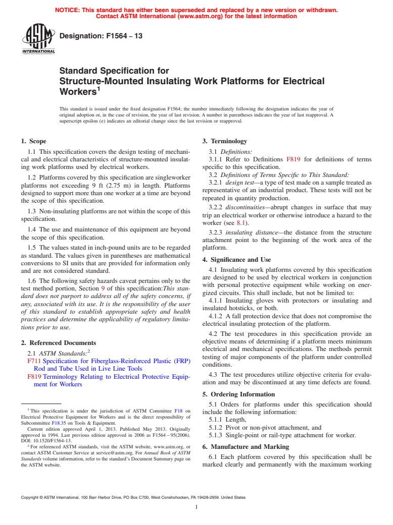 ASTM F1564-13 - Standard Specification for  Structure-Mounted Insulating Work Platforms for Electrical  Workers