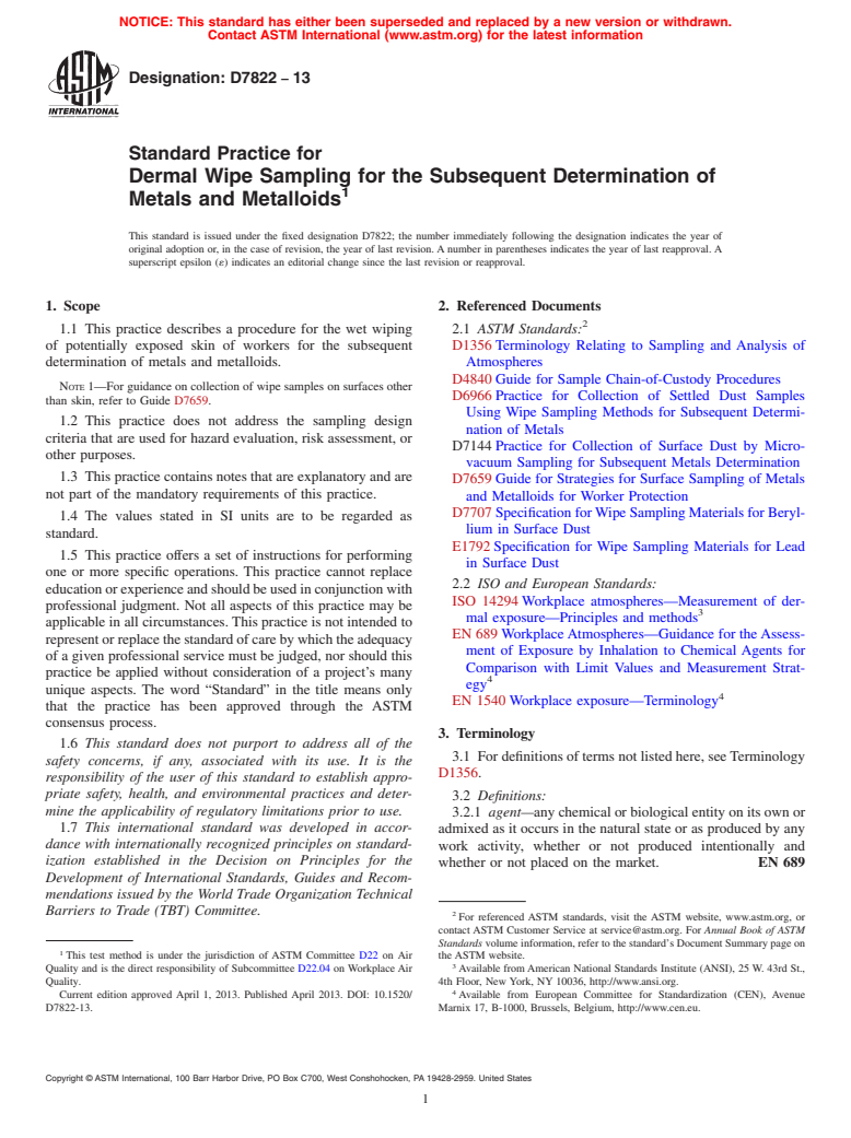 ASTM D7822-13 - Standard Practice for Dermal Wipe Sampling for the Subsequent Determination of Metals  and Metalloids